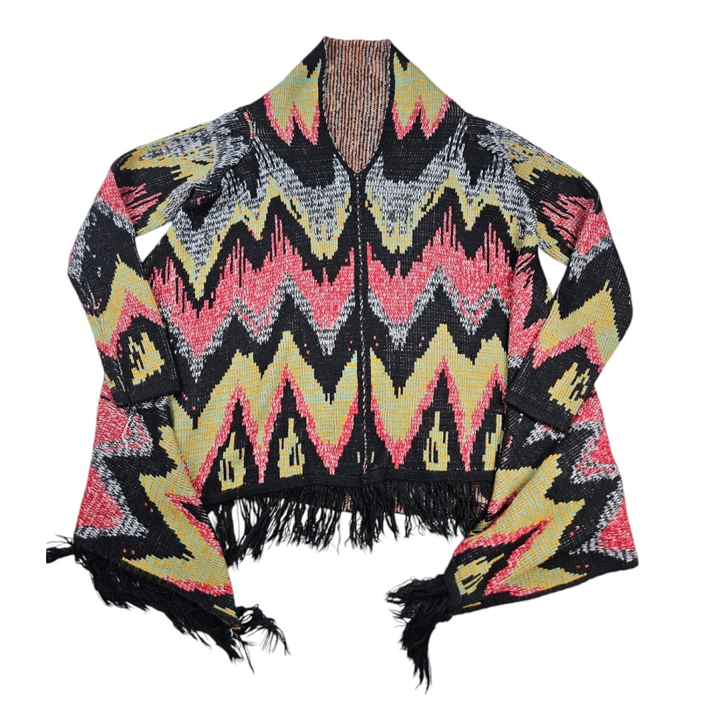 Woven Cardigan Poncho Sweater Womens Black Multicolor Aztec Knit Fringe